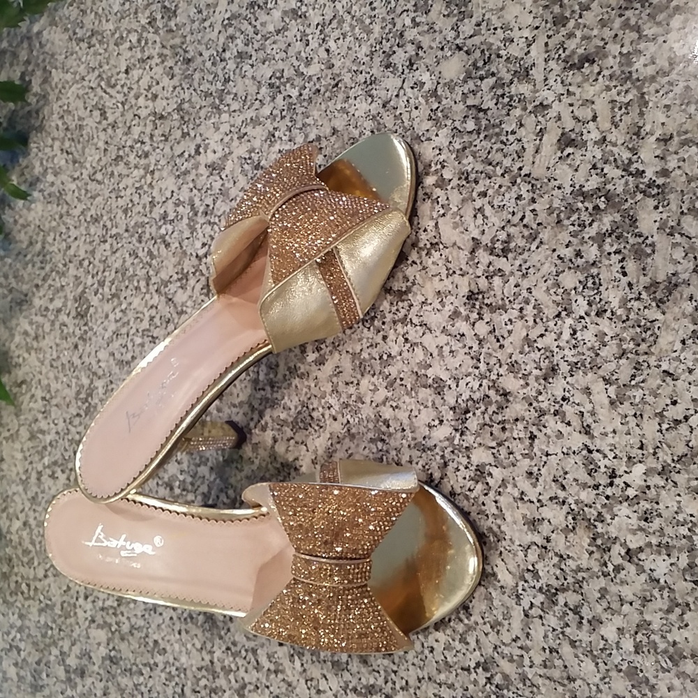 Batuga Original Gold Glitter Crystal Kitten Heel Slide Bow Shoes
